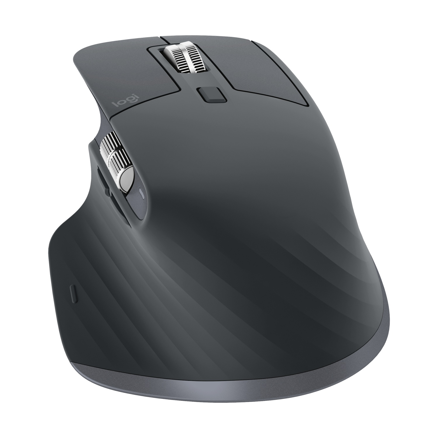 Un mouse ergonomico scuro con rotelle e pulsanti argentati, su sfondo bianco.