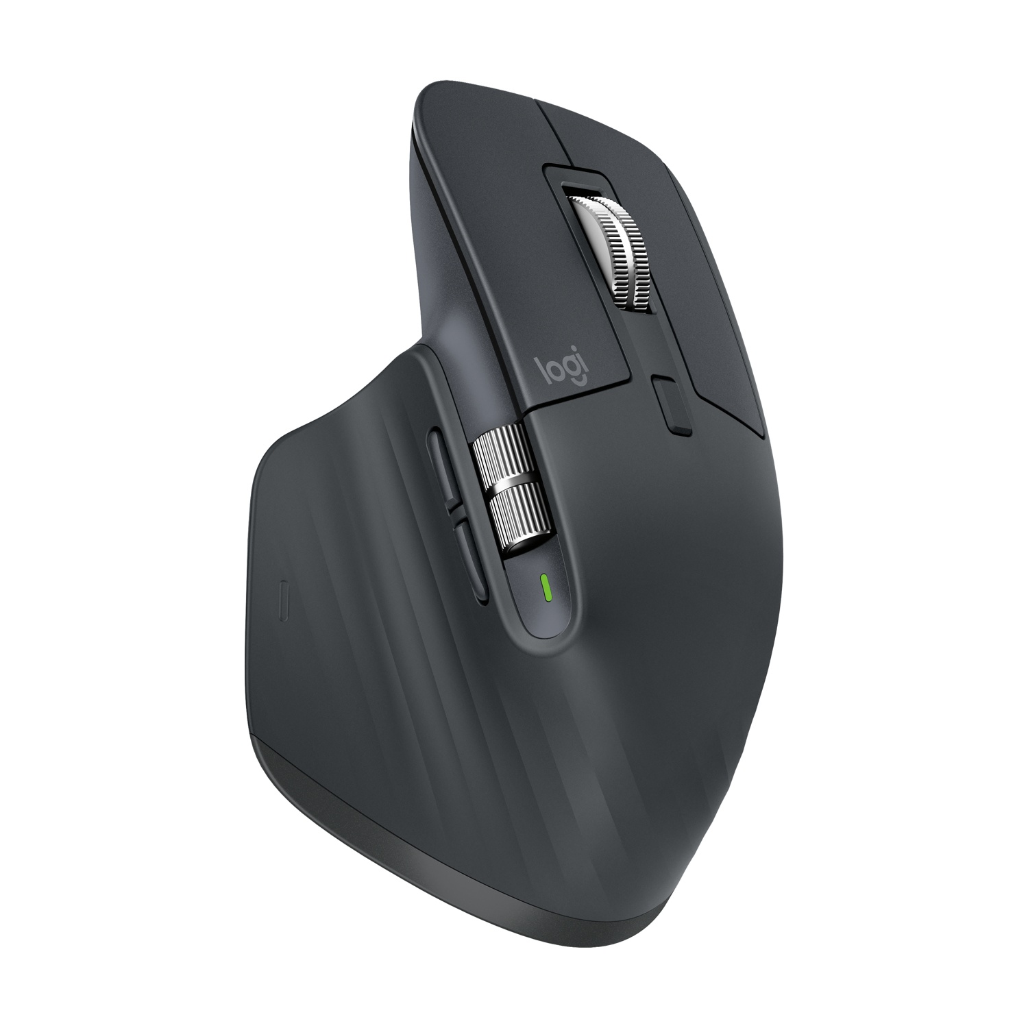 Un mouse Logitech scuro con rotella argentata e indicatore verde.