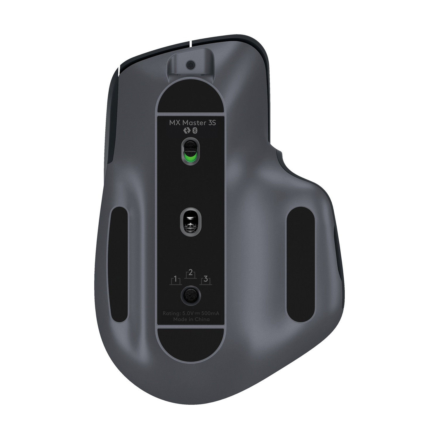 Parte inferiore di un mouse Logitech MX Master 3S grigio con pulsante di accensione e selettori.