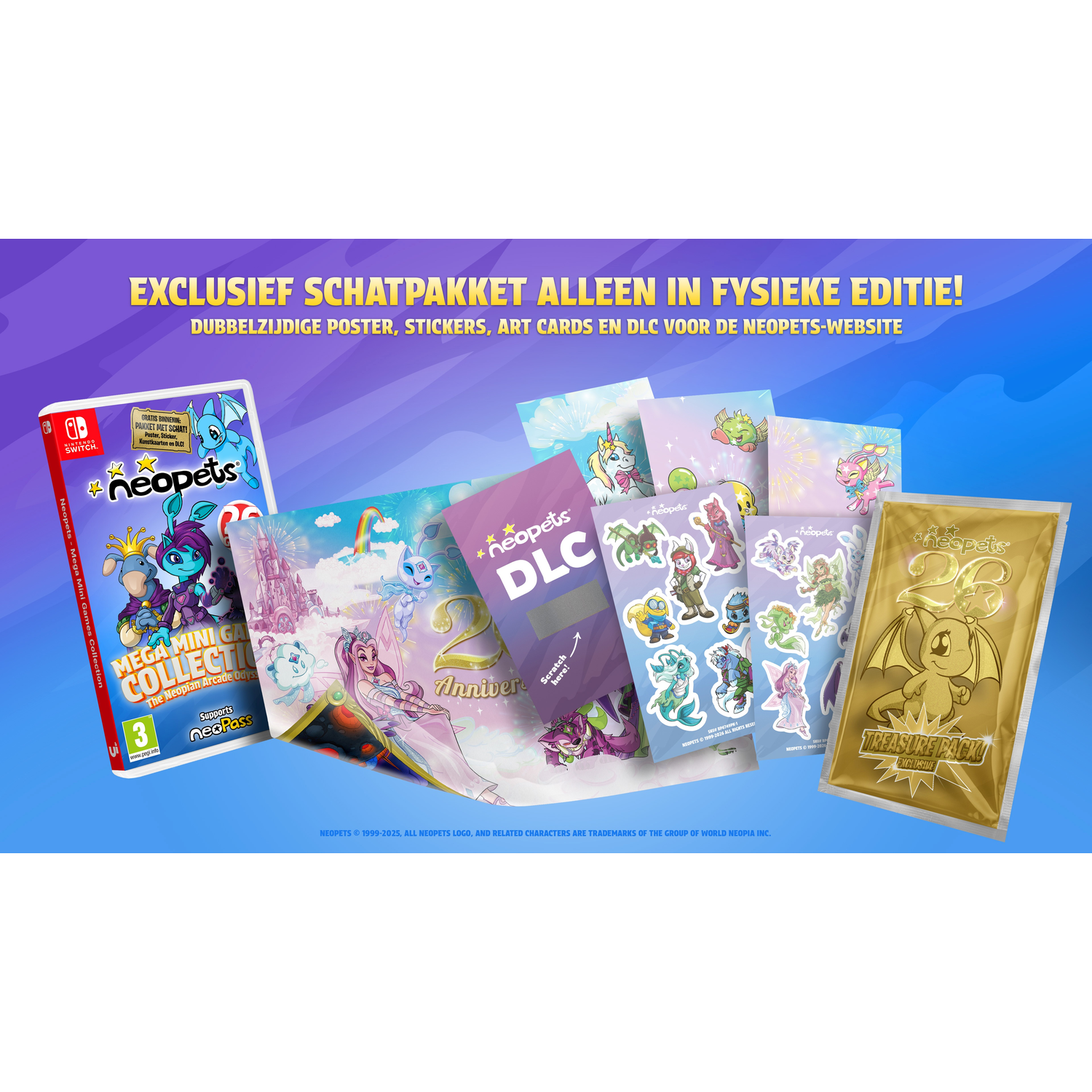Neopets spel, poster, stickers, art cards en DLC worden getoond.