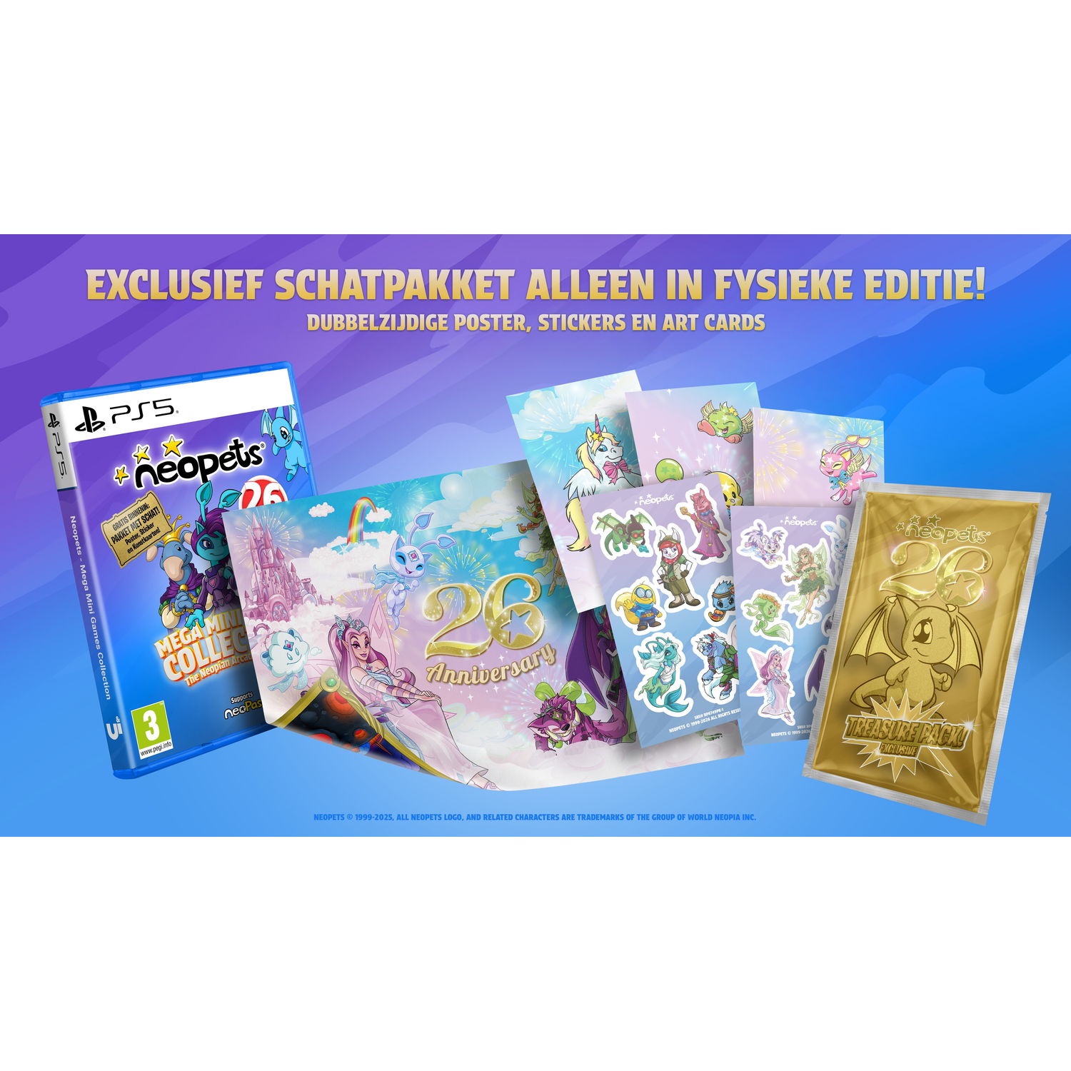 Neopets PS5 spel met poster, stickers en art cards. Gouden schatpakket.