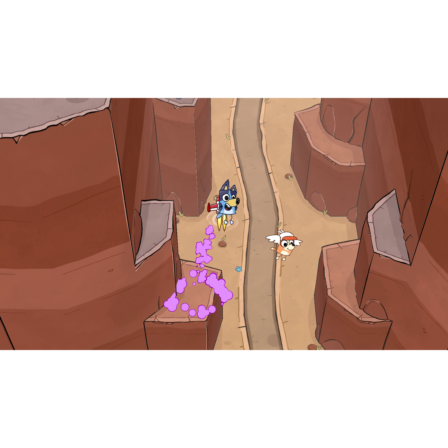 Bluey character with jetpack and purple smoke, and a small bird character flying in a canyon.