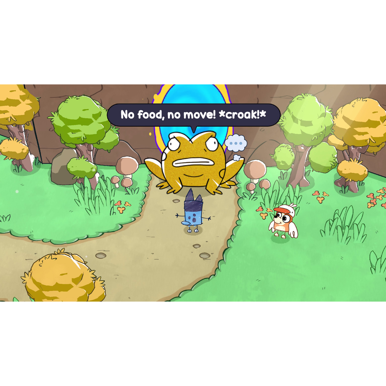 A yellow frog says 'No food, no move!' to a blue block character.