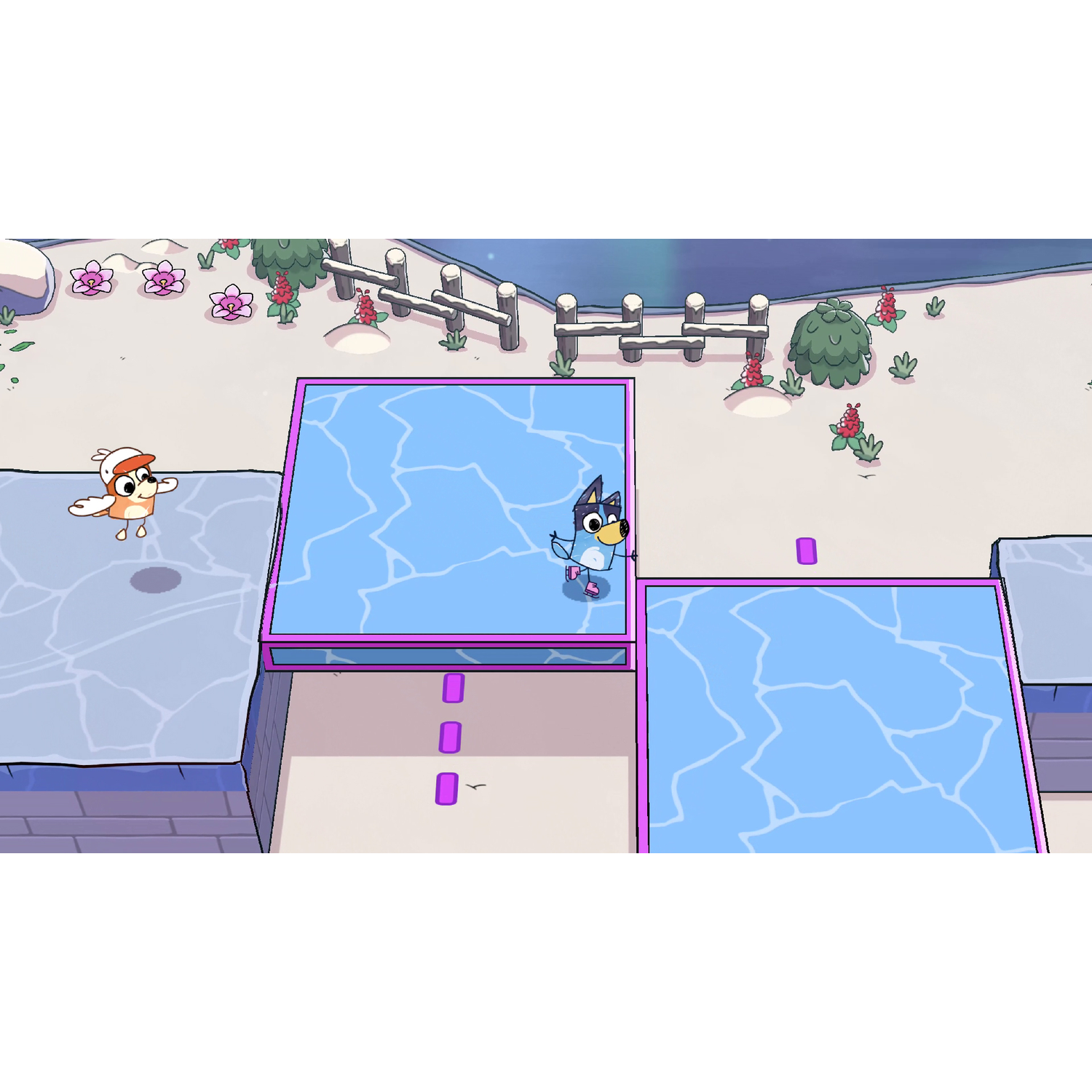 Bluey characters play on ice platforms near a snowy landscape and a lake.