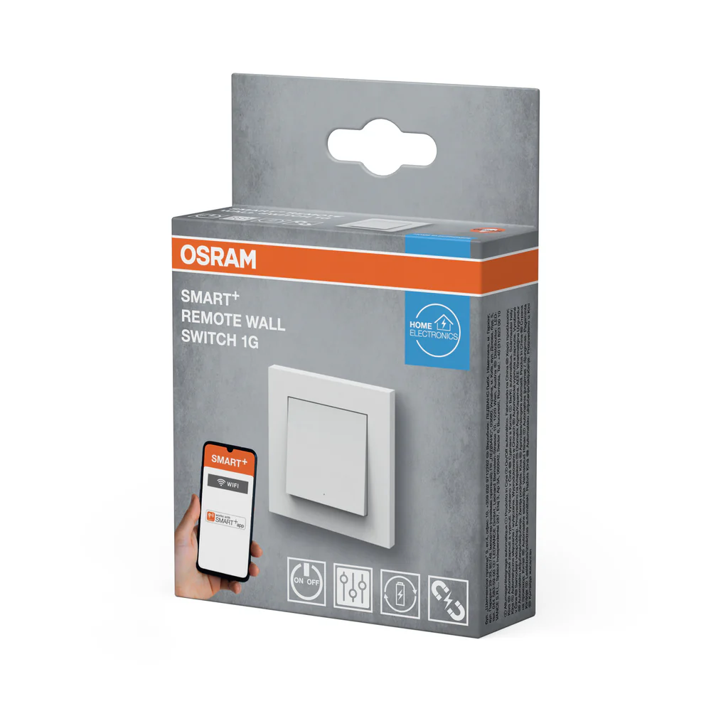 Osram Smart+ távvezérlésű fali kapcsoló 1G csomagolása kapcsolóképpel, telefonnal.