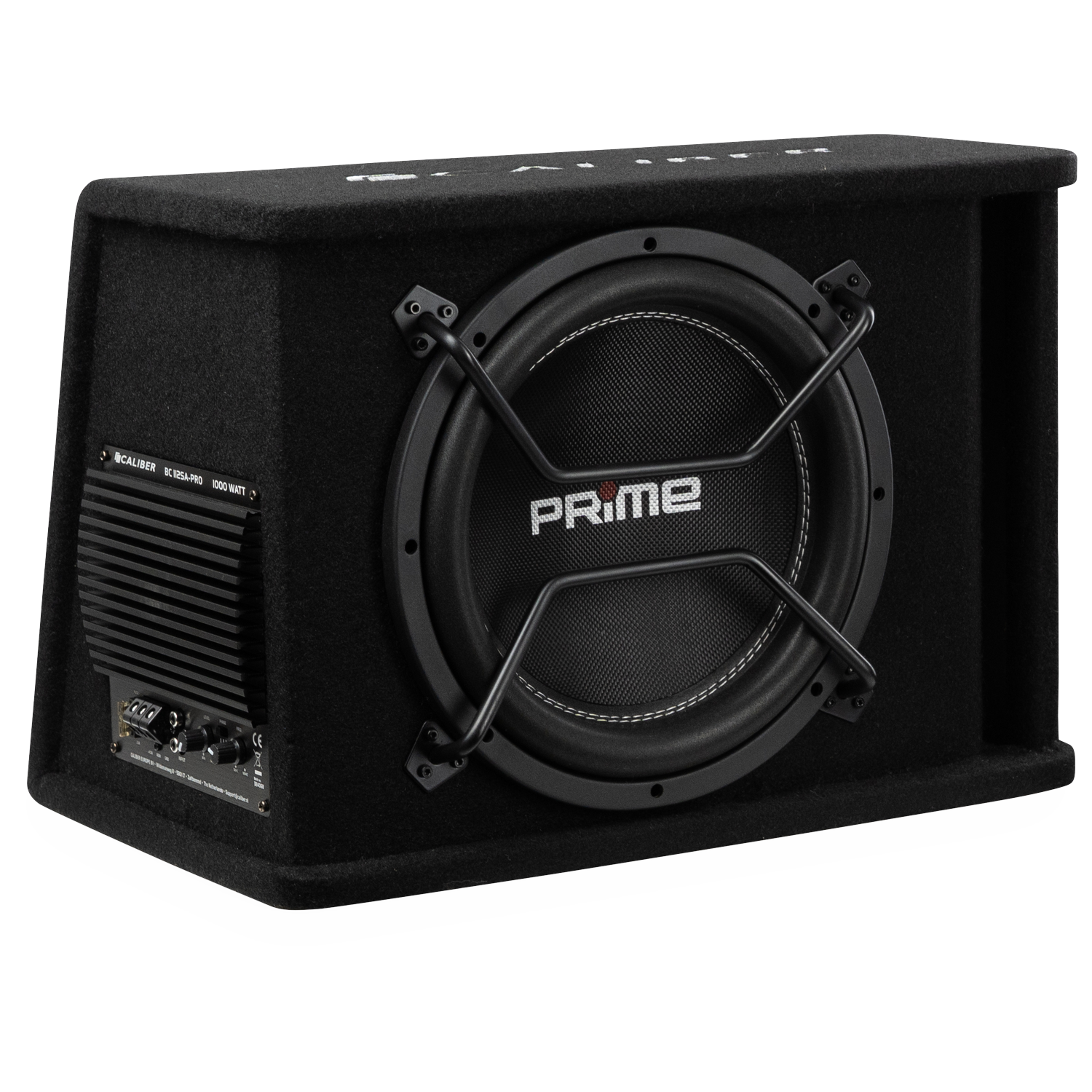 Zwarte subwoofer met zwart rooster en zilveren logo aan de voorkant.