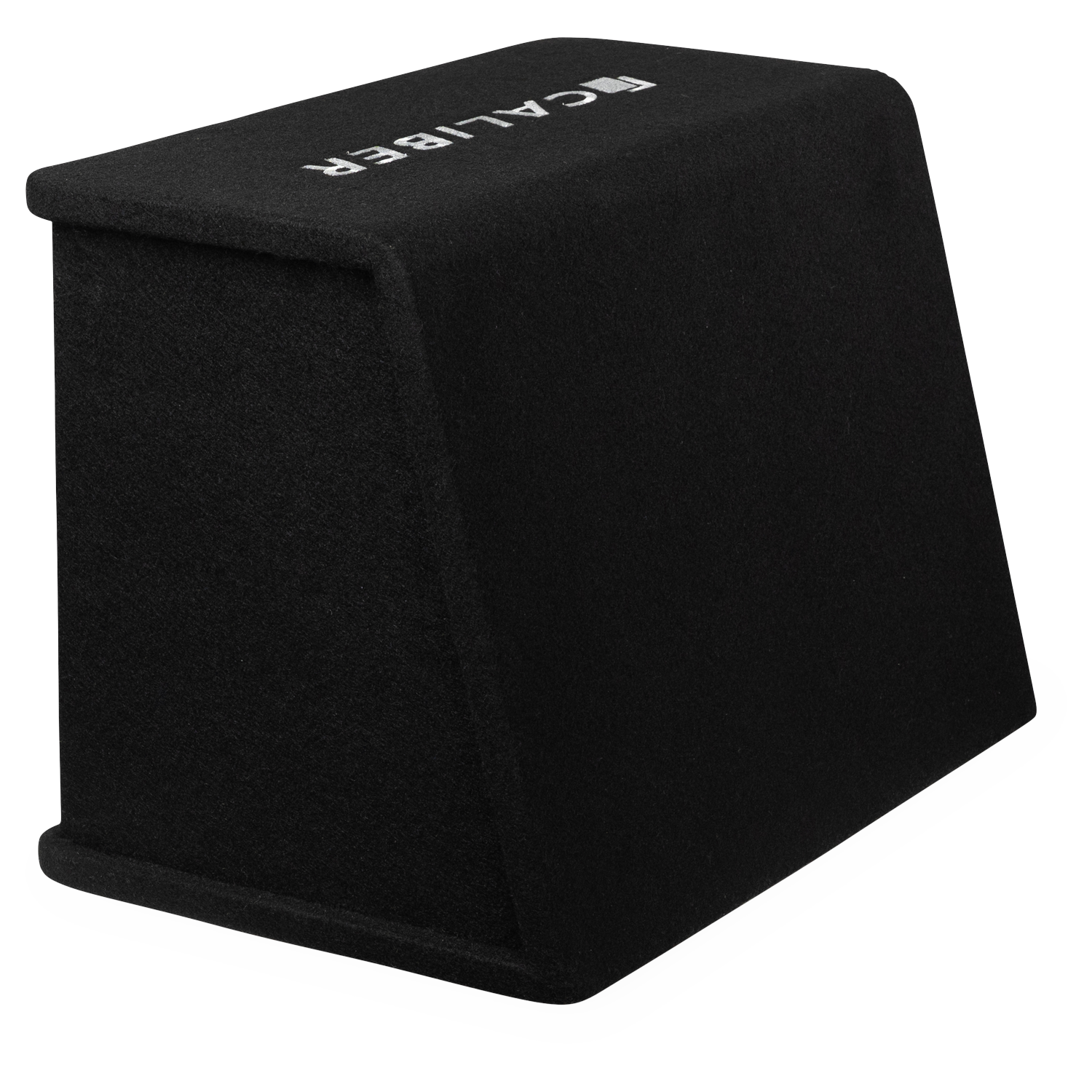 Zwarte subwooferbox met witte CALIBER-belettering aan de bovenkant.