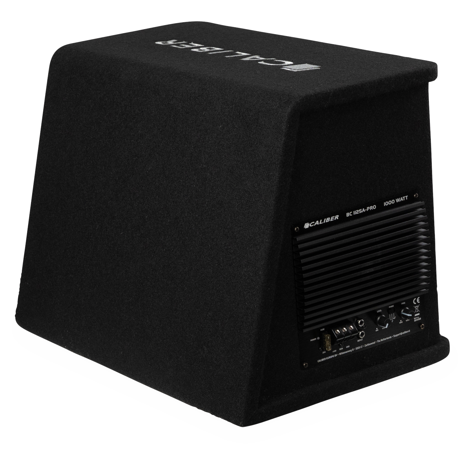 Een zwarte Caliber 1000 Watt subwoofer met poorten en bedieningselementen achteraan.