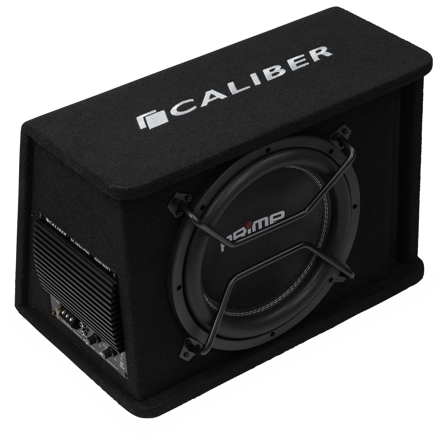Zwarte subwoofer met Caliber logo en versterker aan de zijkant.