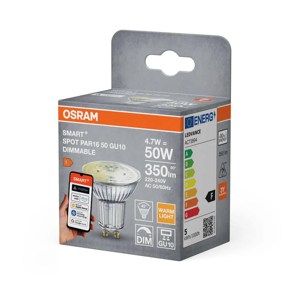 Osram SMART+ LED spot GU10, 4,7W, 350lm, szabályozható, meleg fehér, F energiahatékonyság.
