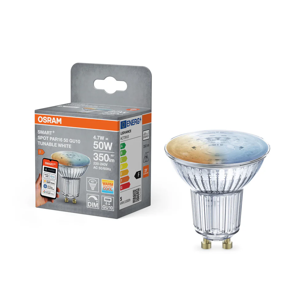 OSRAM SMART+ GU10 spotlámpa és csomagolás. Az izzó átlátszó, bordázott talppal.
