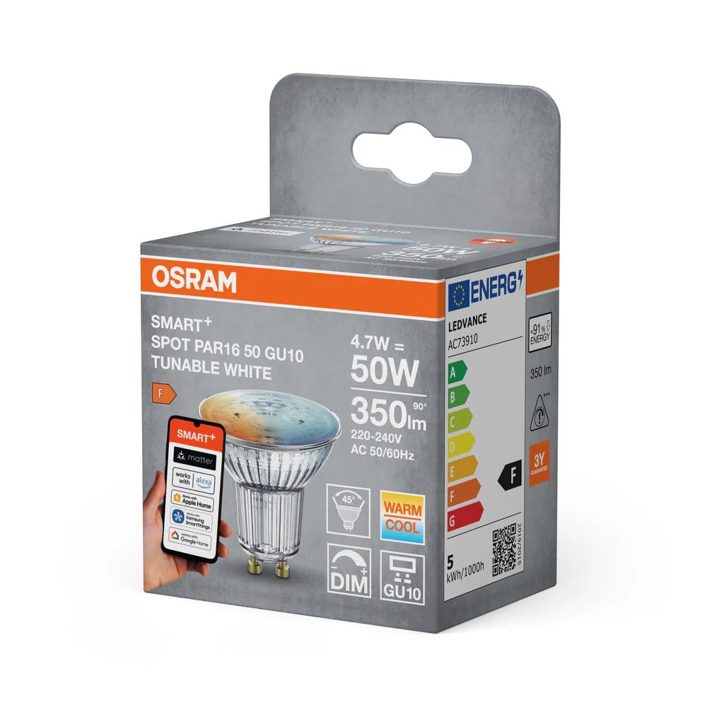 Osram Smart+ GU10 LED-izzó doboza, amely az izzó specifikációit és energiaosztályát mutatja.