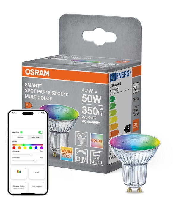 OSRAM Smart+ LED-izzó okostelefonos alkalmazással. Többszínű, GU10 foglalat.