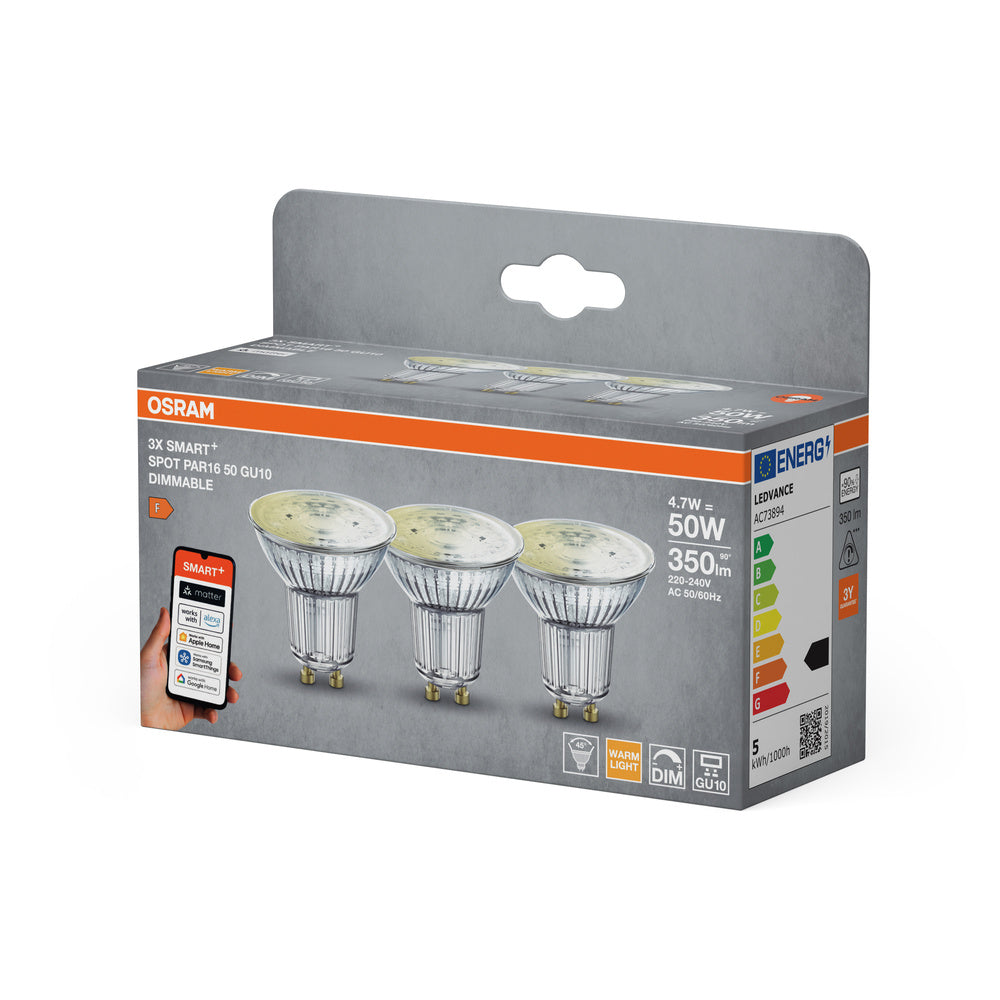 Doboz három Osram SMART+ GU10 szabályozható LED-izzóval. Energiahatékonysági osztály: F.