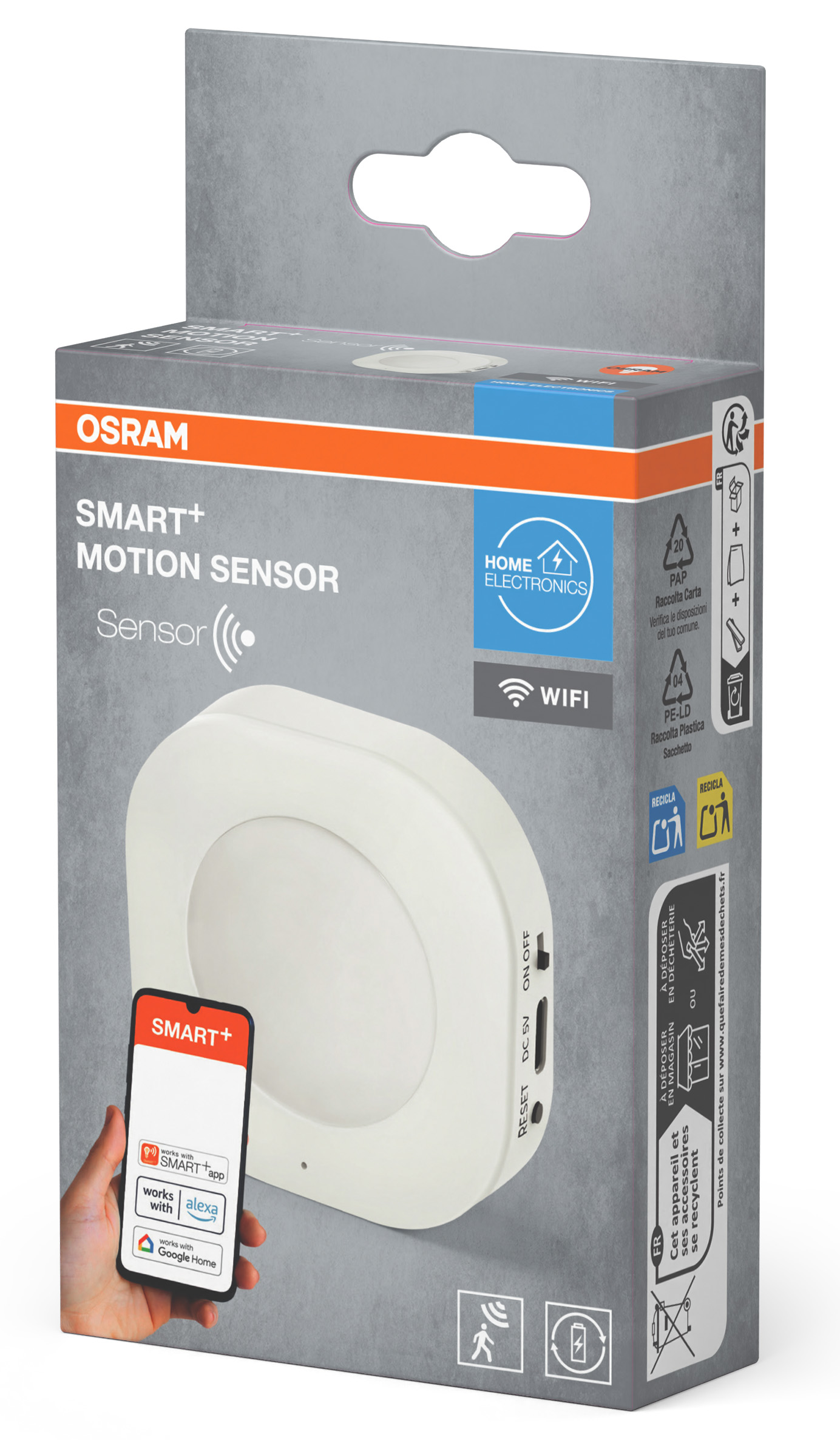 Osram Smart+ mozgásérzékelő csomagolás fehér érzékelővel, telefon kijelzővel és infókkal.