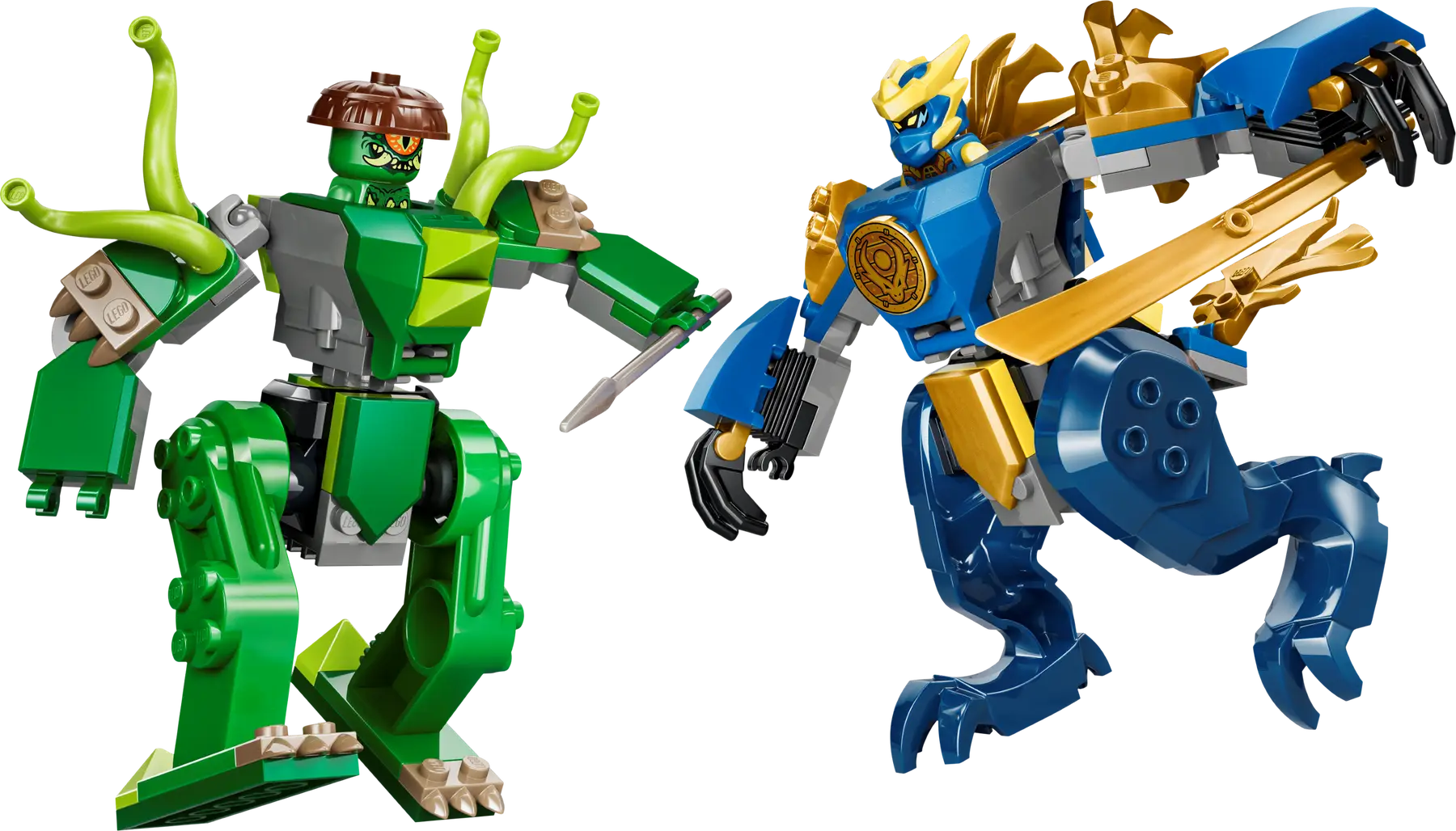 Zwei LEGO-Mechs, einer grün und pflanzenartig, der andere blau und golden, stehen sich gegenüber.