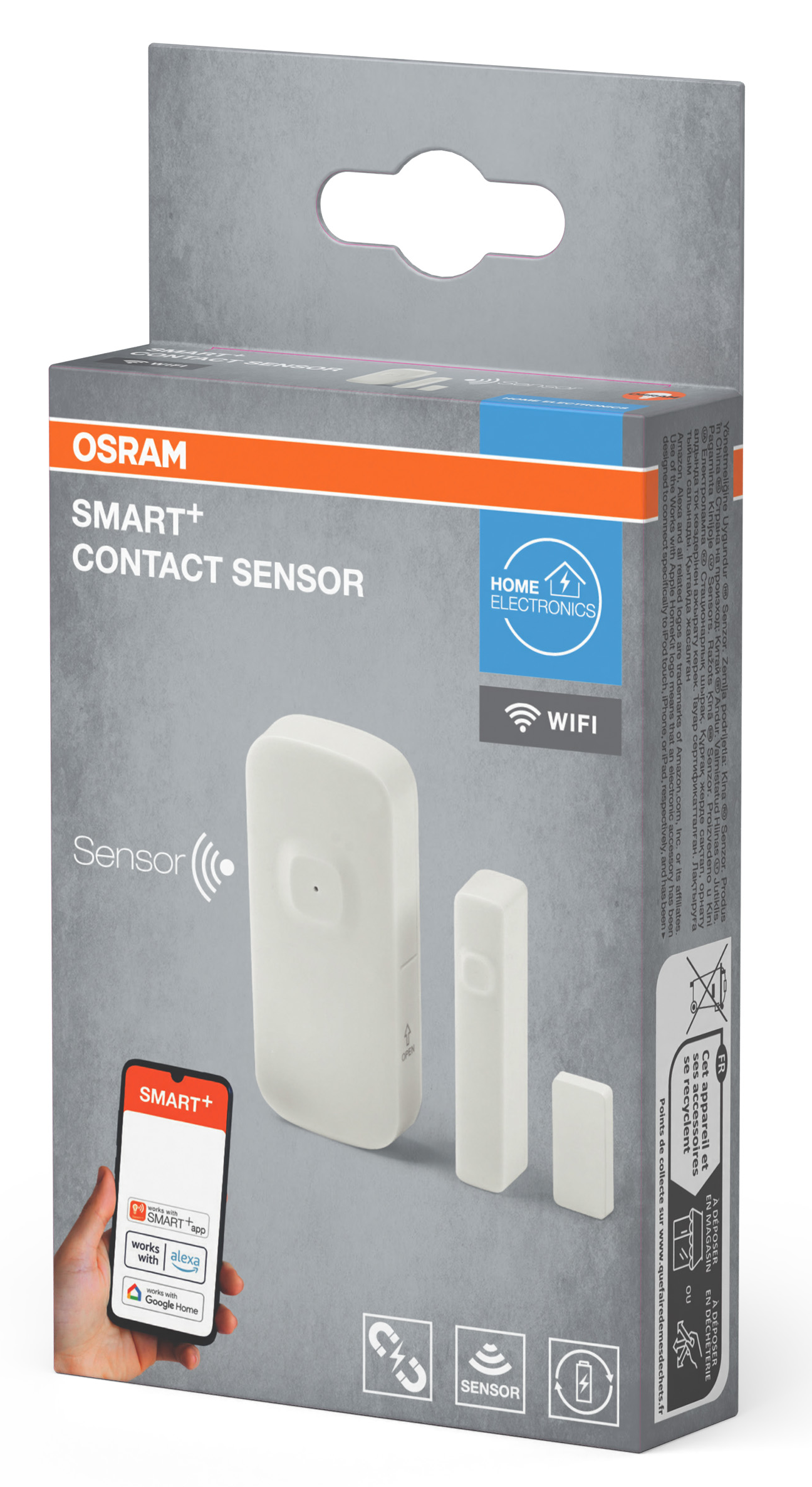 Osram Smart+ kontaktérzékelő csomag fehér érzékelővel és mágneses résszel, app ikonnal.