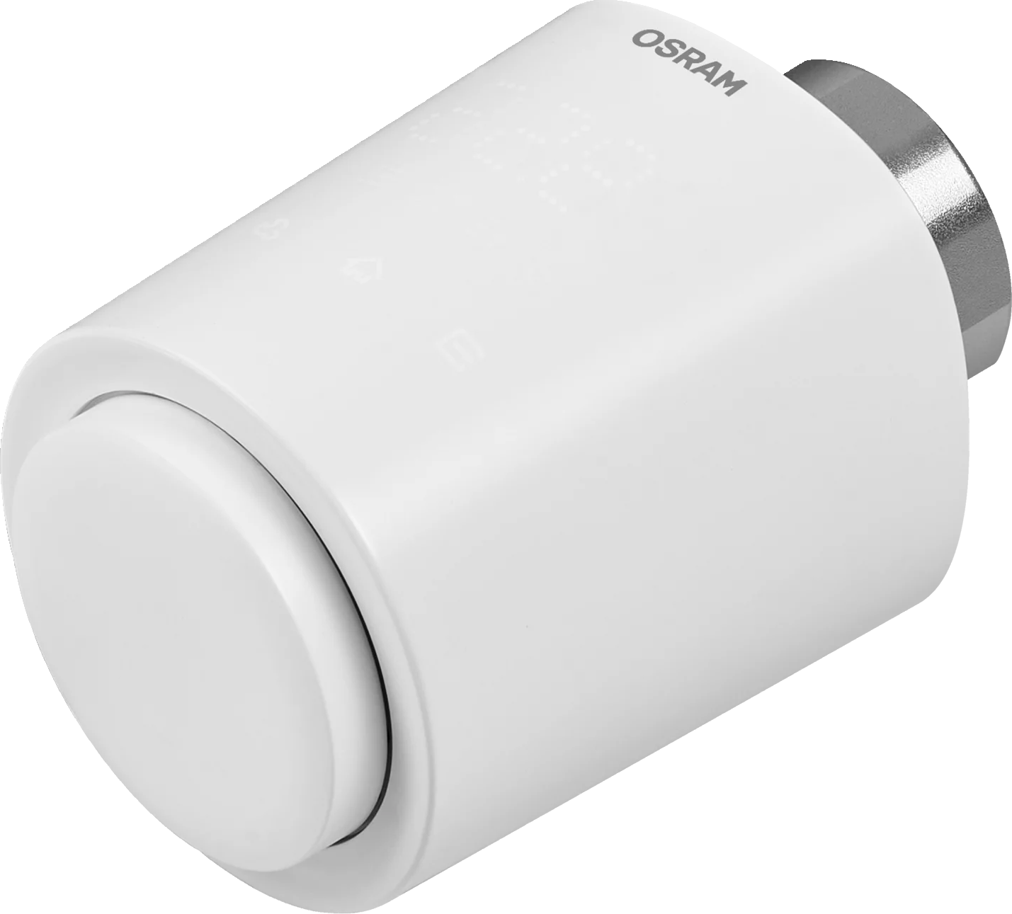 Fehér Osram termosztát digitális kijelzővel és ezüst gyűrűvel.