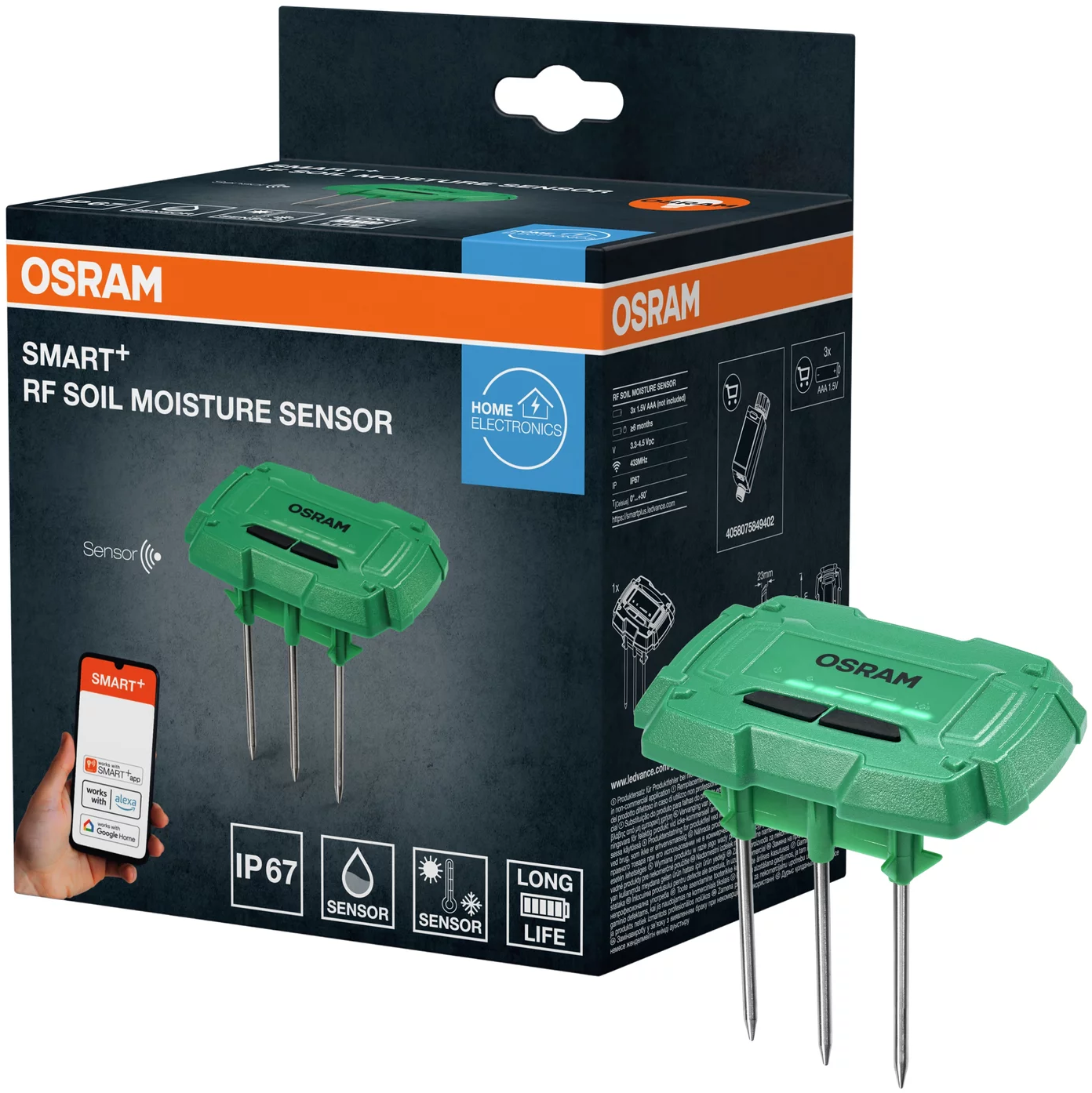 OSRAM Smart+ talajnedvesség-érzékelő három fém szondával és csomagolással.