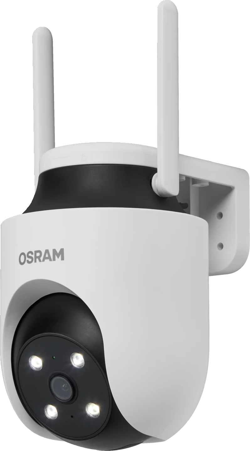 Fehér OSRAM biztonsági kamera fekete díszítéssel, négy IR LED-del és két antennával.
