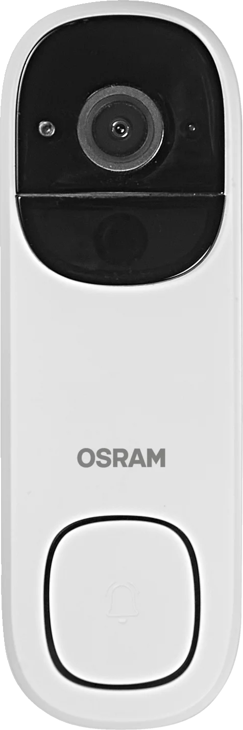 Fehér OSRAM ajtócsengő kamerával és csengőgombbal.