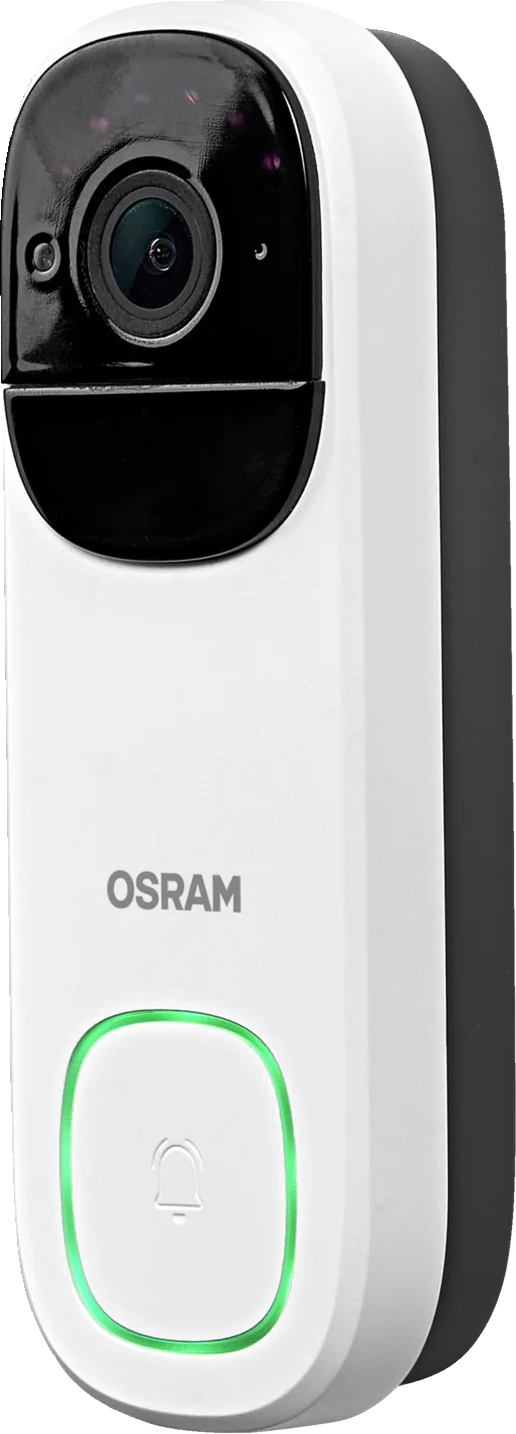 Fehér Osram ajtócsengő kamerával, IR LED-ekkel és megvilágított zöld csengőgombbal.