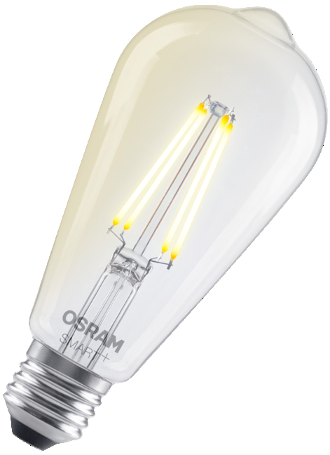 Átlátszó üveg Edison-stílusú LED izzó látható szálakkal, OSRAM SMART+ felirattal.