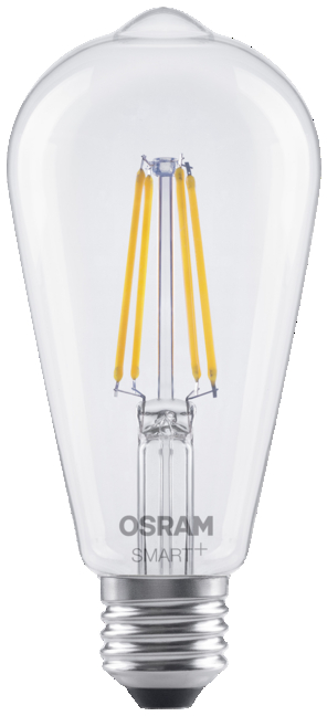 Egy átlátszó Edison-stílusú LED izzó, látható filament-szerű LED-csíkokkal és OSRAM SMART+ márkajelzéssel.