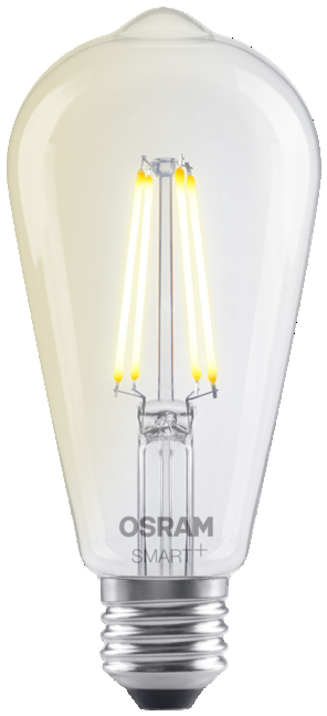 Egy OSRAM SMART+ izzó Edison-csavarral és látható LED-szálakkal.