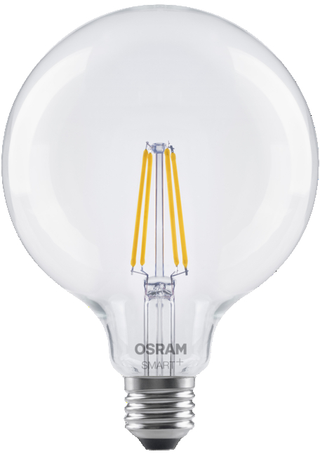 Egy átlátszó, kerek Osram Smart+ LED izzó, látható izzószál-szerű LED-ekkel és fém foglalattal.