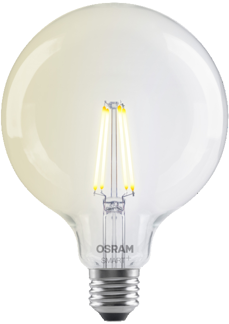 Egy átlátszó, kerek OSRAM SMART+ LED izzó, látható, meleg sárgán világító szálakkal.