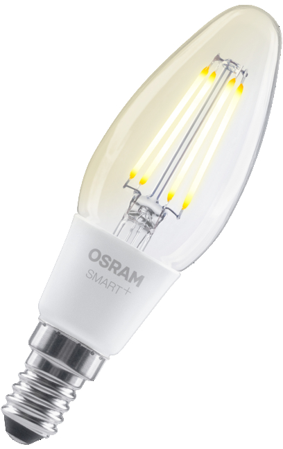Osram Smart+ LED gyertya izzó átlátszó üveggel, filament stílusú LED-eket mutat.