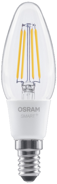 Osram Smart+ LED gyertyaizzó átlátszó üveggel és látható szálakkal.