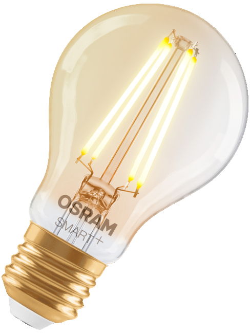 Átlátszó üveg Osram Smart+ LED izzó arany csavaros talppal és világító szálakkal.
