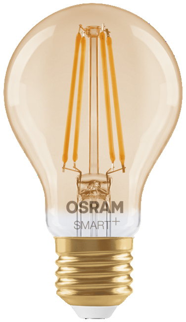 Egy Osram Smart+ LED izzólámpa arany foglalattal és átlátszó üveggel.