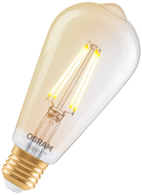 Egy átlátszó Edison-stílusú LED izzó arany alappal és világító szálakkal.