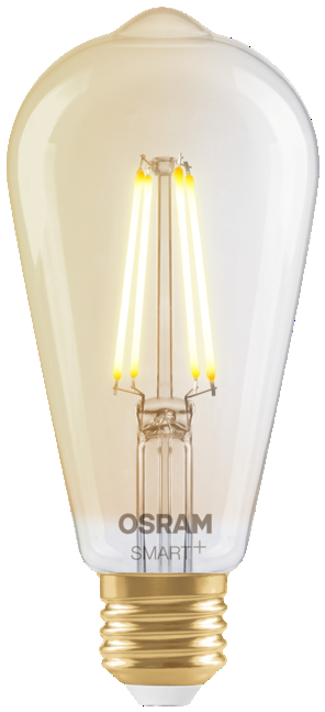 Átlátszó, körte alakú Edison-stílusú LED izzó arany alappal, négy megvilágított szállal.
