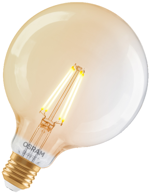 Egy vintage stílusú Osram Smart+ LED izzó, meleg fénnyel és látható szálakkal.