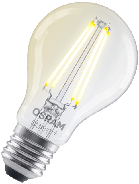 Egy Osram Smart+ villanykörte látható LED-szálakkal és fémfoglalattal.
