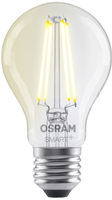 Átlátszó üveg OSRAM SMART+ villanykörte világító szálaival és ezüst foglalattal.