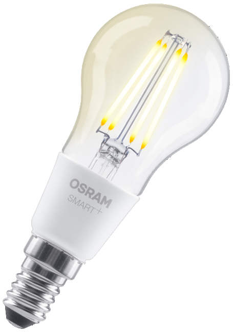 Egy világító Osram Smart+ LED izzó E14-es foglalattal.