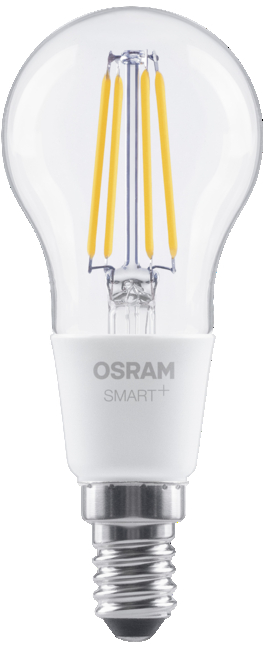 Egy átlátszó Osram Smart+ LED izzó, látható izzószálakkal és ezüst csavaros talppal.