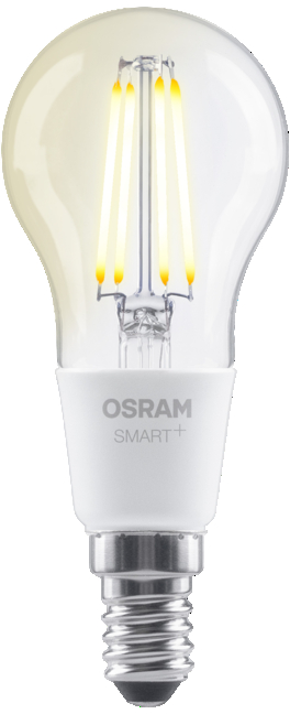 Egy átlátszó Osram Smart+ LED izzó látható szálakkal és fehér talppal.