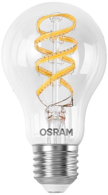 Átlátszó villanykörte spirális sárga LED szállal és OSRAM logóval.