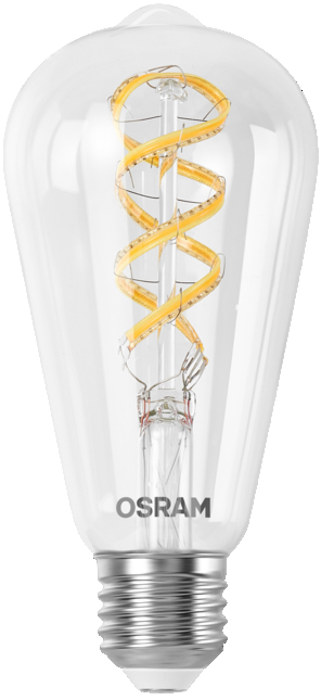 Egy átlátszó Edison-stílusú villanykörte spirális szállal és OSRAM logóval.