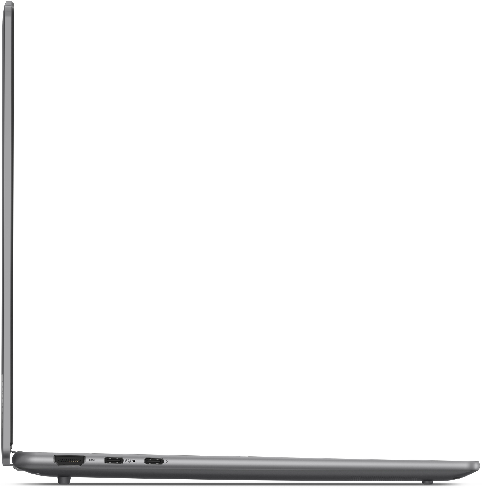 Vue latérale d'un ordinateur portable argenté fermé, montrant les ports HDMI et USB-C.