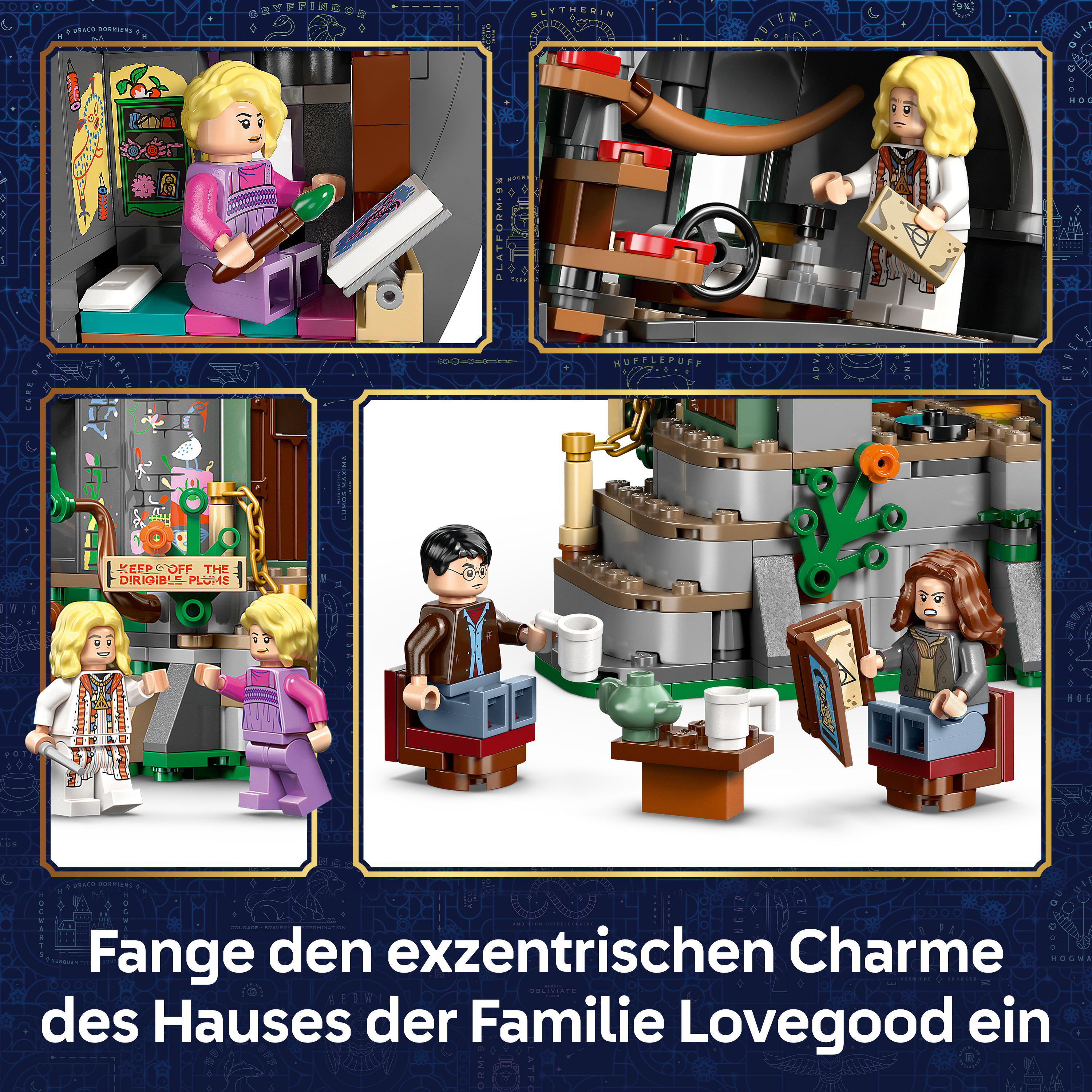 Lego-Szene: Luna Lovegood und Harry Potter trinken Tee. Xenophilius hält ein Buch.