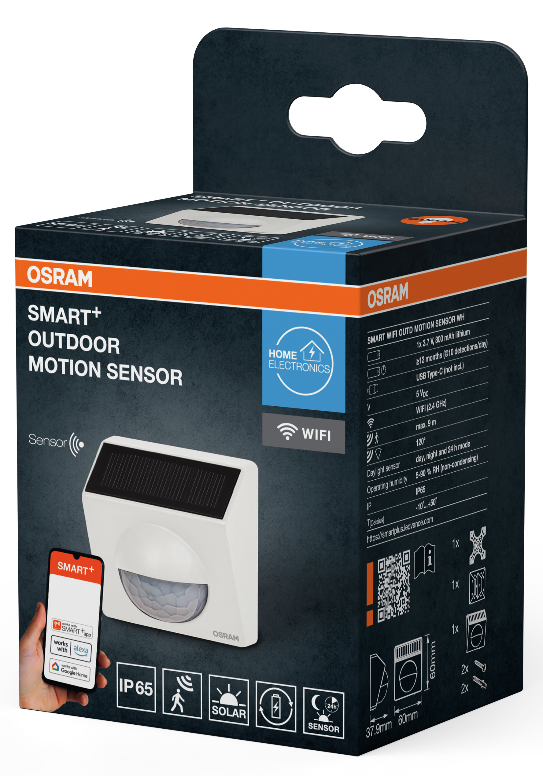 OSRAM Smart+ Kültéri Mozgásérzékelő doboz termékképpel, specifikációkkal, ikonokkal.