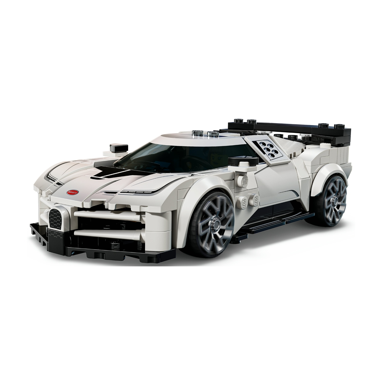 Auto sportiva Bugatti Lego bianca con accenti neri e ruote argentate, su sfondo bianco.