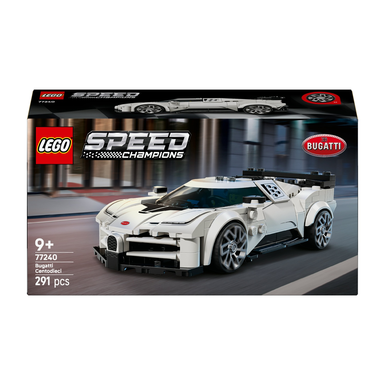 Scatola kit modello Lego Speed Champions Bugatti Centodieci con auto bianca.